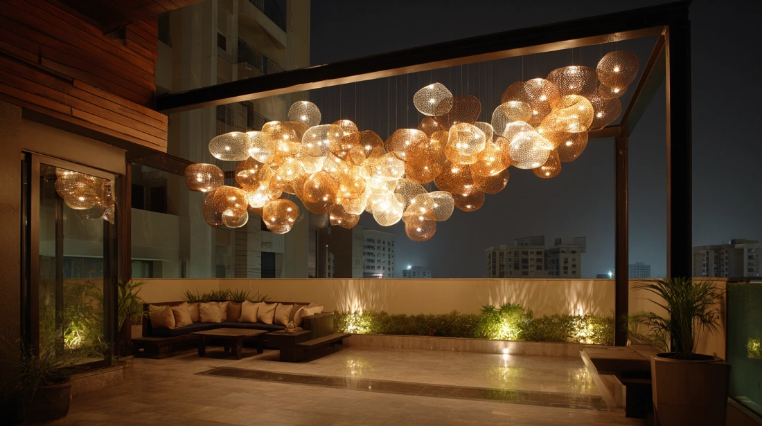 Artistic sculptural lights glowing on terrace wall