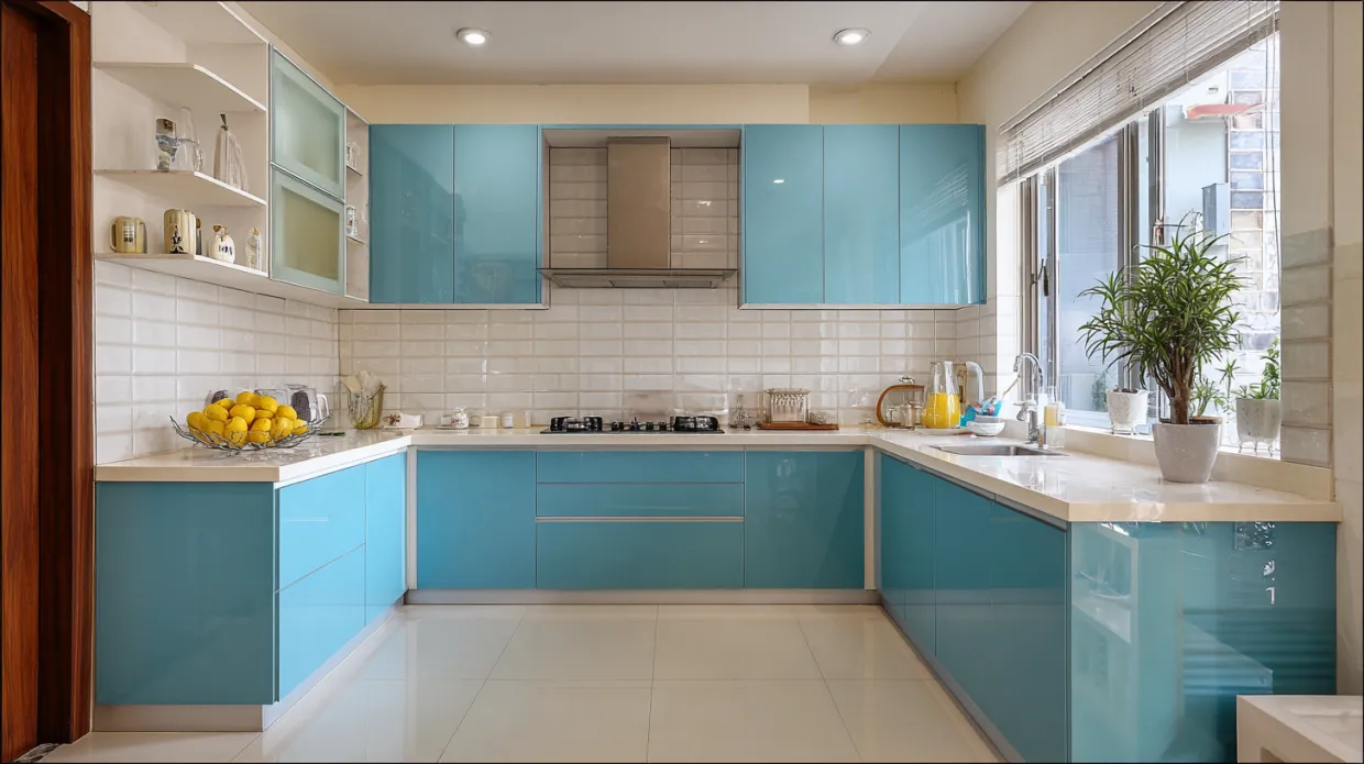 modern kitchen with sea blue and sky blue cabinet colour combination and glossy finish