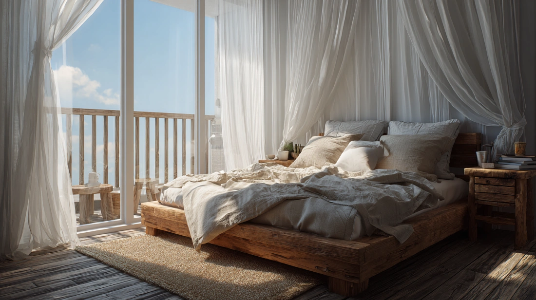 Glass wall bedroom facing sea view with sheer curtains