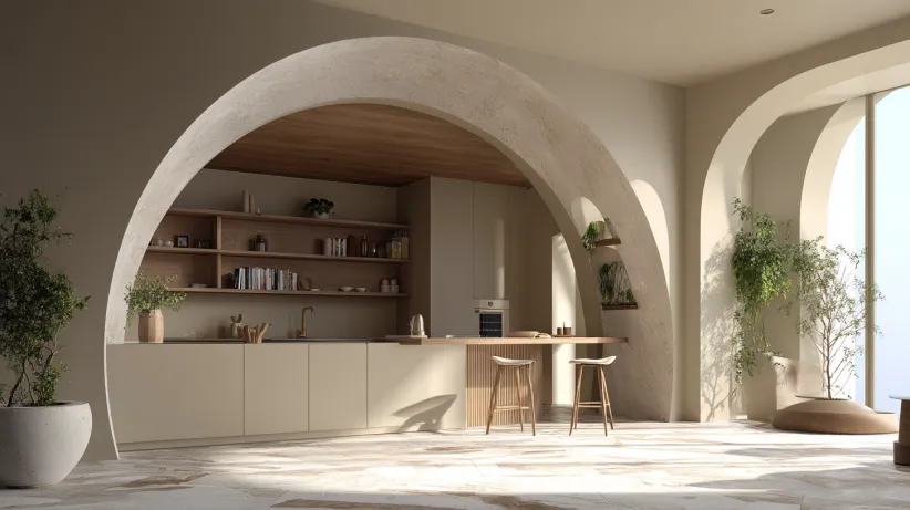 Large semi-circular plaster arch opening into a minimalist kitchen