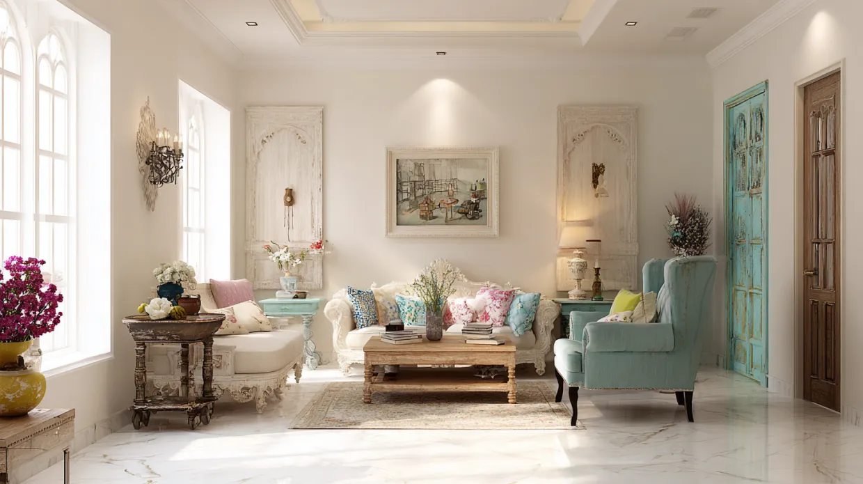 elegant vintage living room with pastel furniture, floral cushions, and antique decor elements