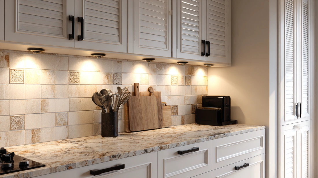 White shaker shutters in modern classical Indian kitchen