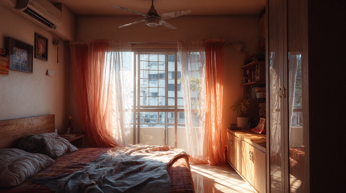 Sheer curtain over glass wall in compact bedroom