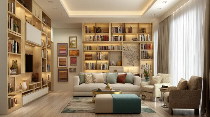 Alt Text: modular floor-to-ceiling shelves in elegant home library design