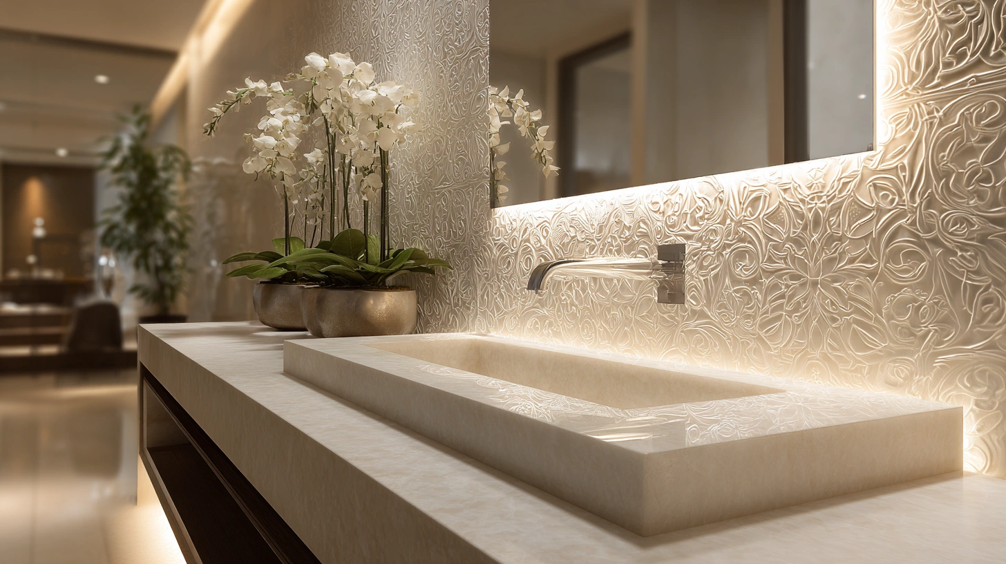 Motif engraved basin on floating counter dining