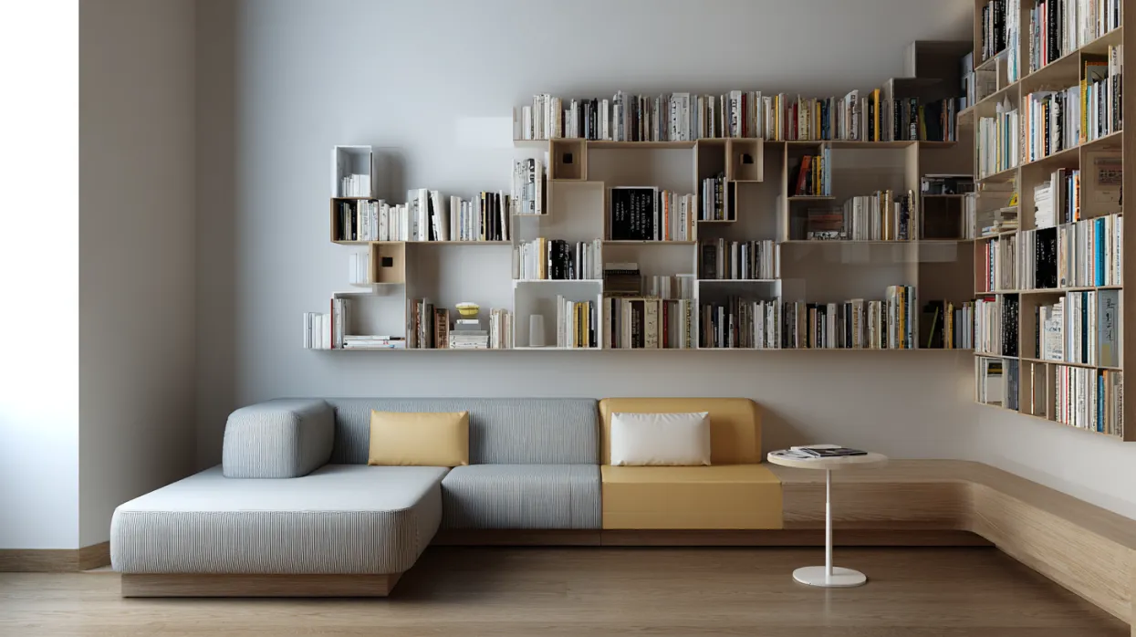 minimalist wall insert bookshelf in compact home library design