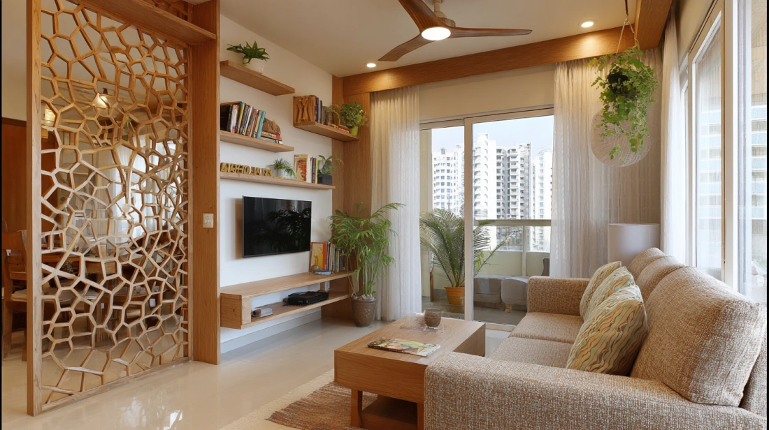 Honeycomb wooden screen standing near television unit