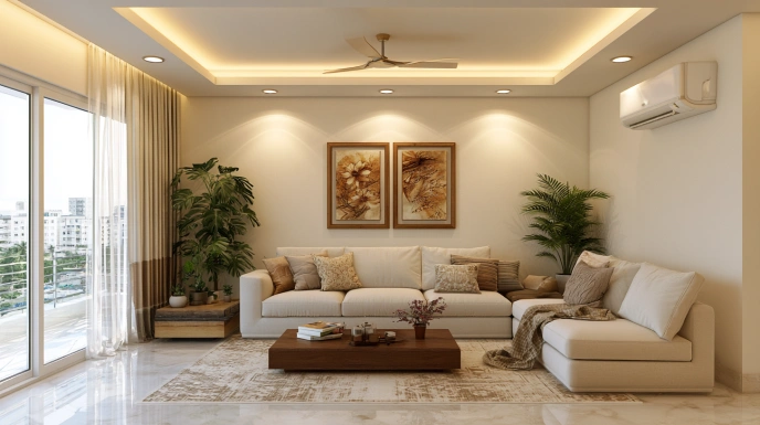 Simple POP ceiling border in Indian living room