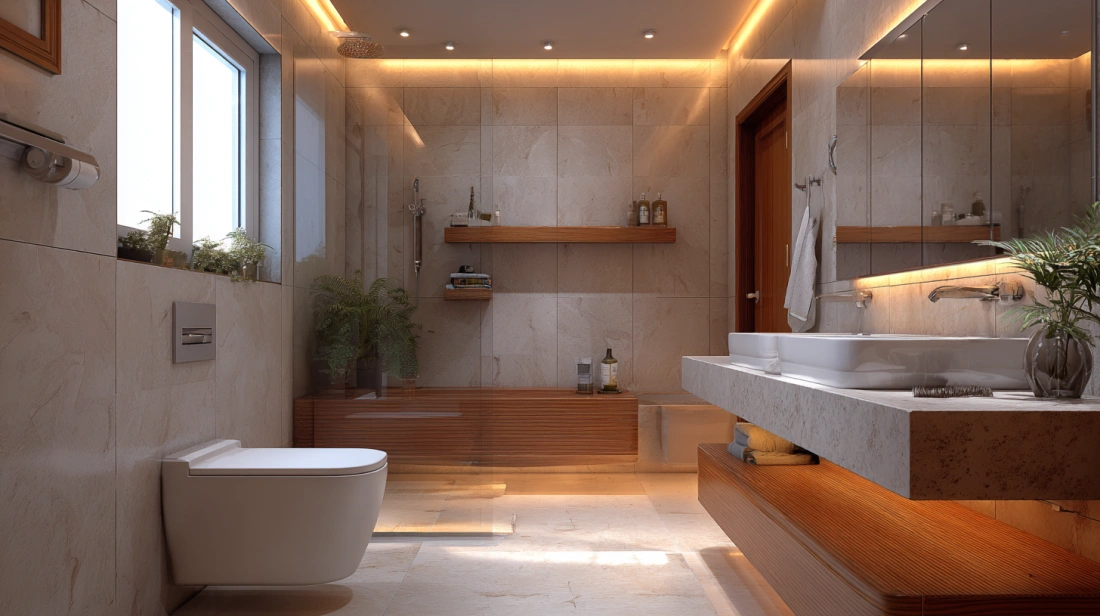 Compact bathroom with a glossy white PVC ceiling