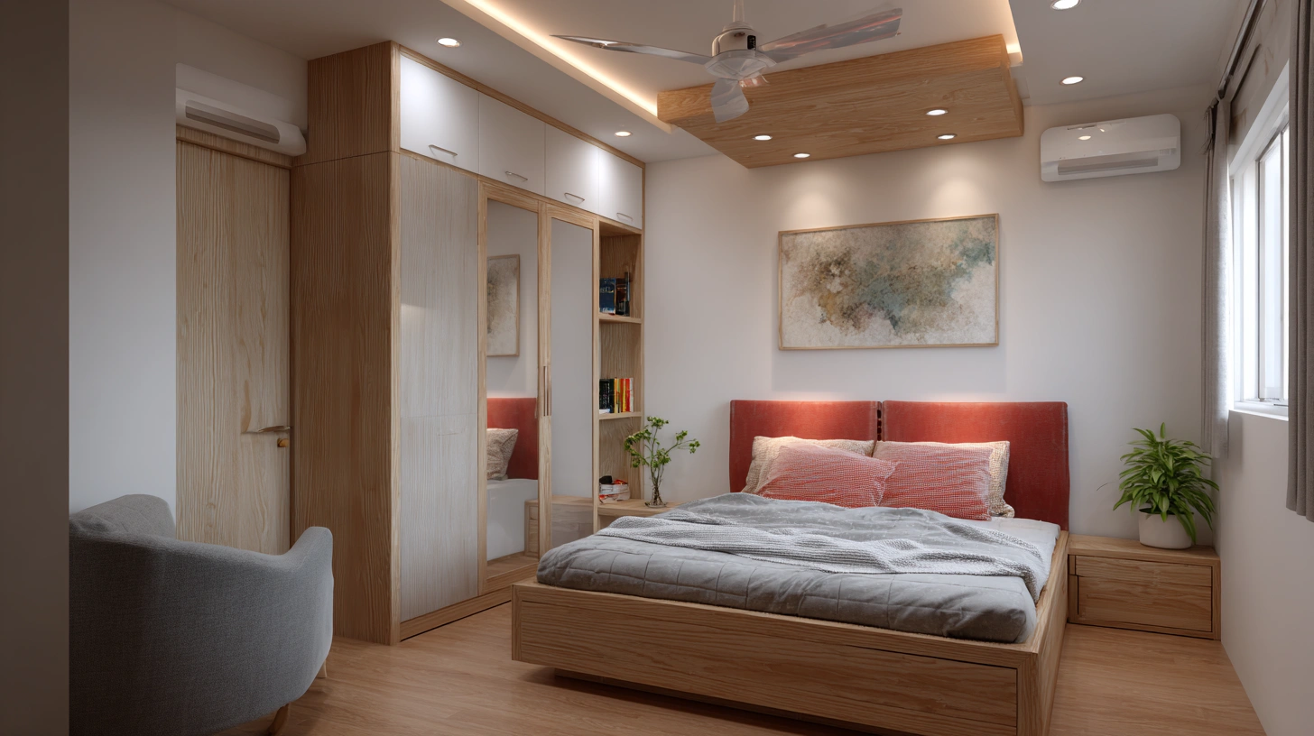 Understated minimalist bedroom utilizing flat single level paneling