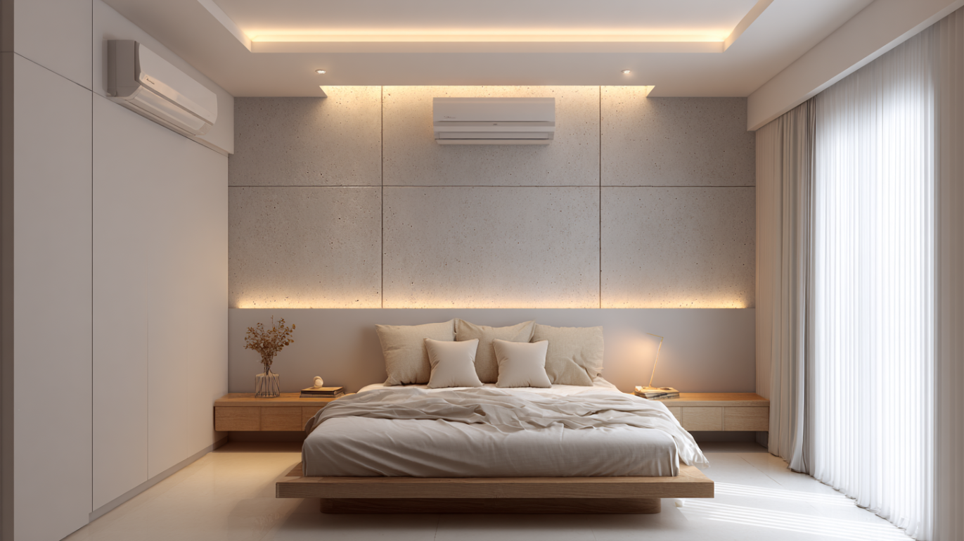 Simple flat gypsum ceiling in modern bedroom