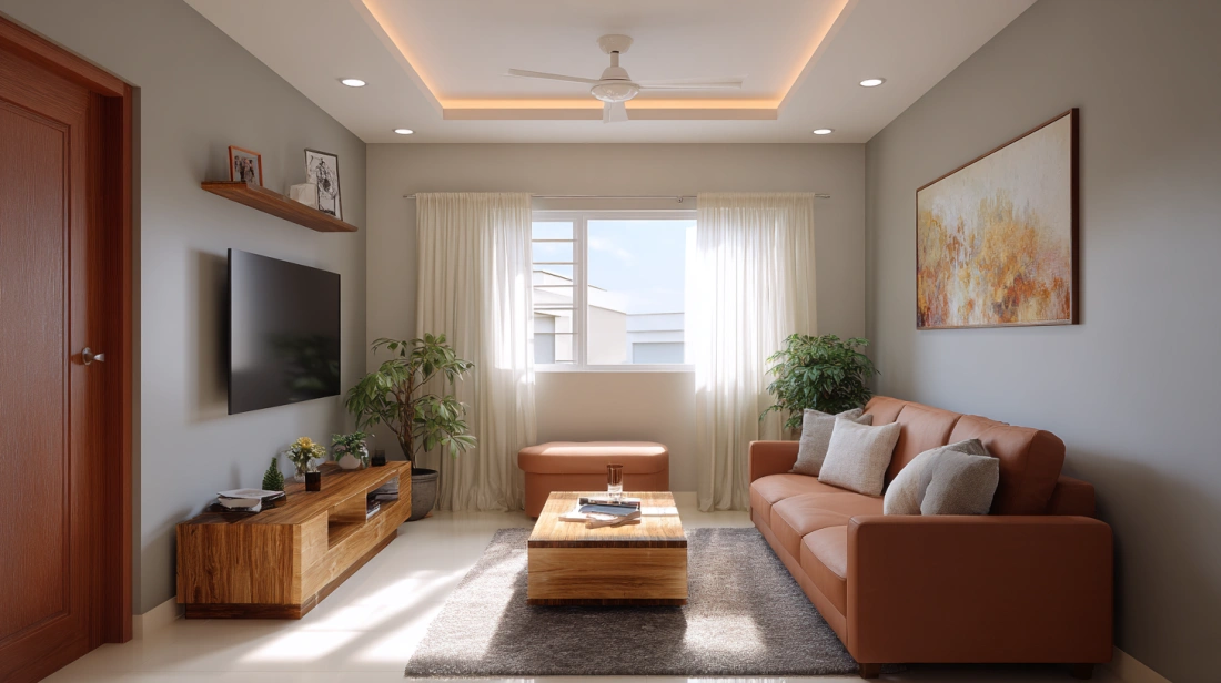 Minimalist Indian hall utilizing a flat single panel
