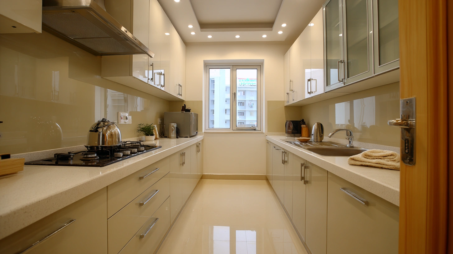 Minimalist white kitchen with built in spotlights overhead