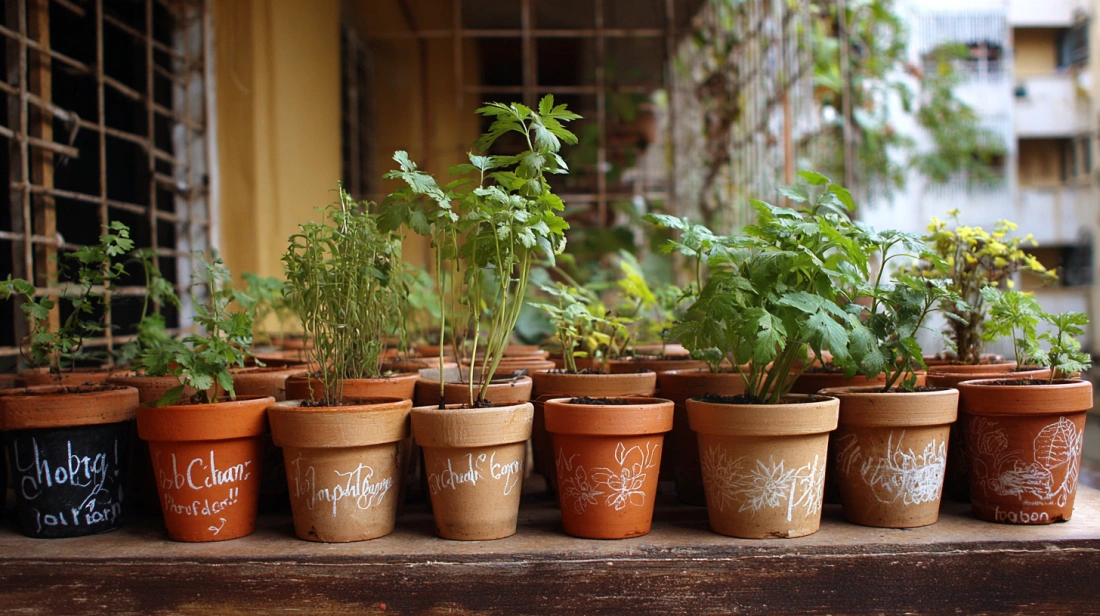 Chalk drawn clay pots placed on sunny balcony floor