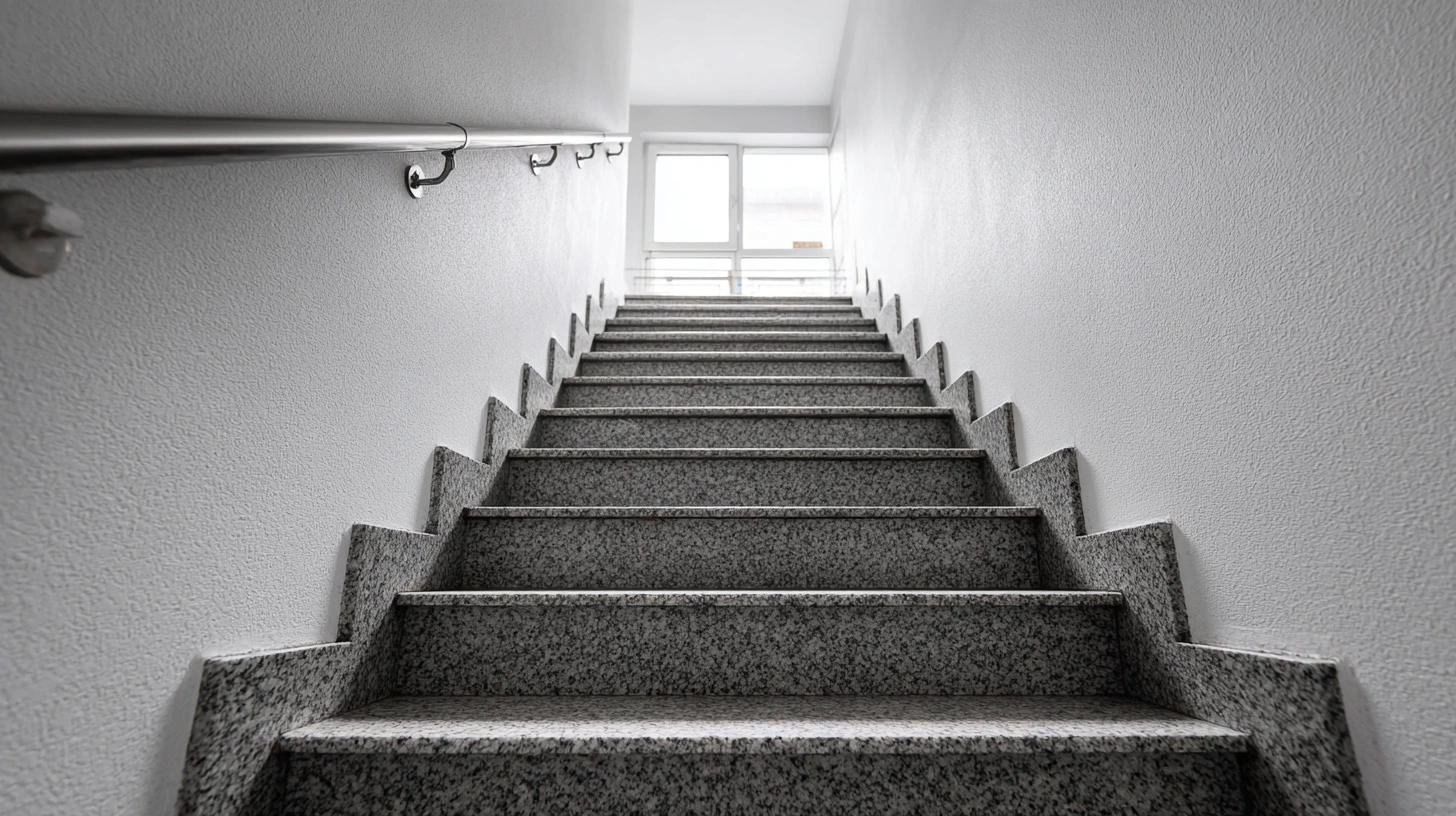 Polished grey staircase with black granite borders and metal railing