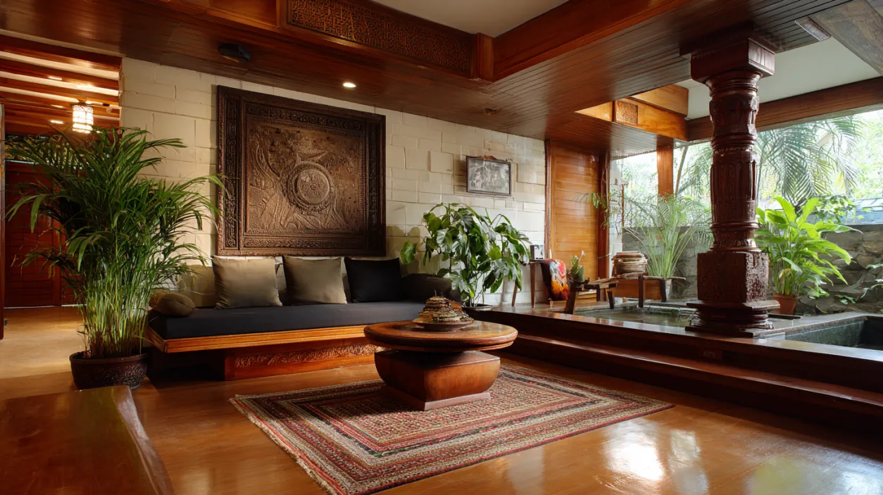 Low Budget Small House Traditional living room with carved wood and indoor pond.