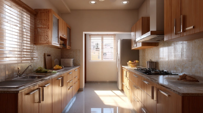 Compact low-cost Indian kitchen with laminate cabinets