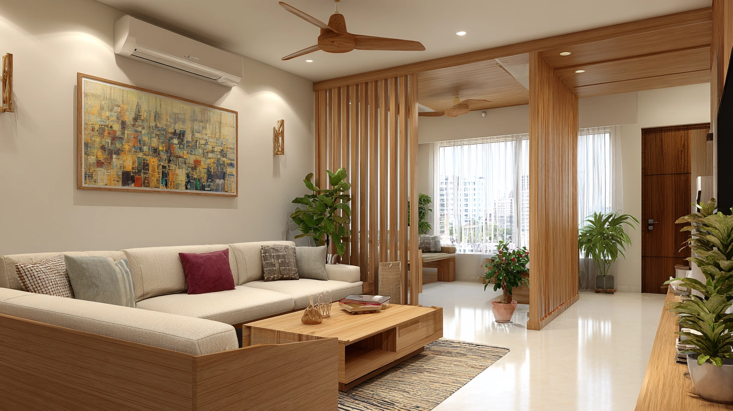 Vertical timber slat divider columnizing living spaces