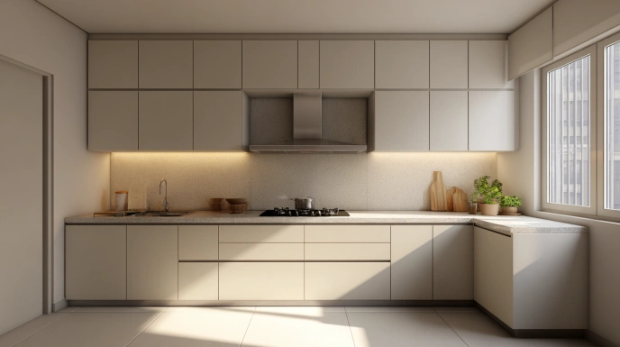 Minimalist kitchen with clean layout and neutral cabinets
