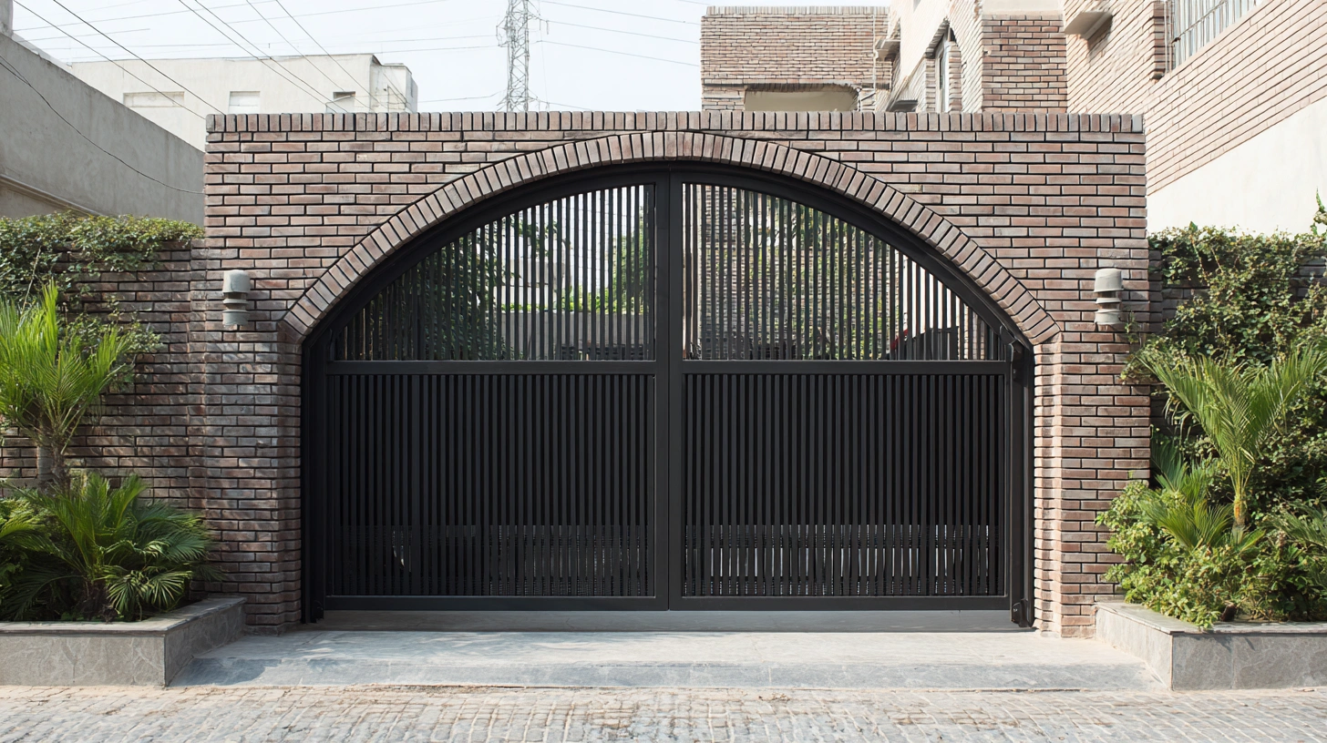 Symmetrical driveway gates with a repeating grill pattern arch