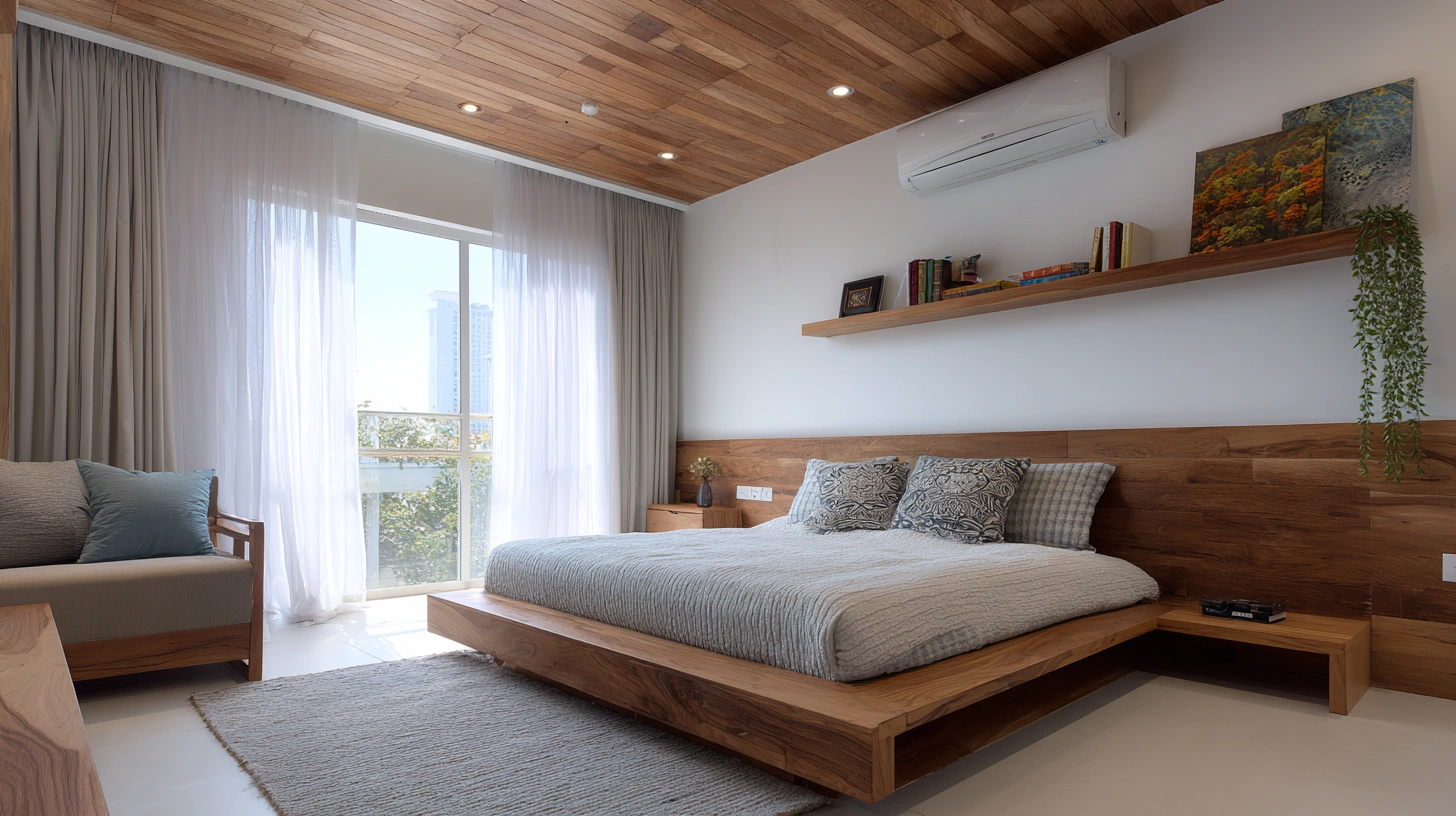 Simple white PVC panel ceiling in minimal Indian bedroom