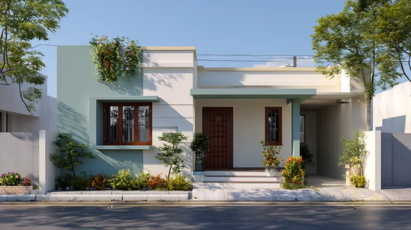 Simple painted low-cost normal house front elevation design