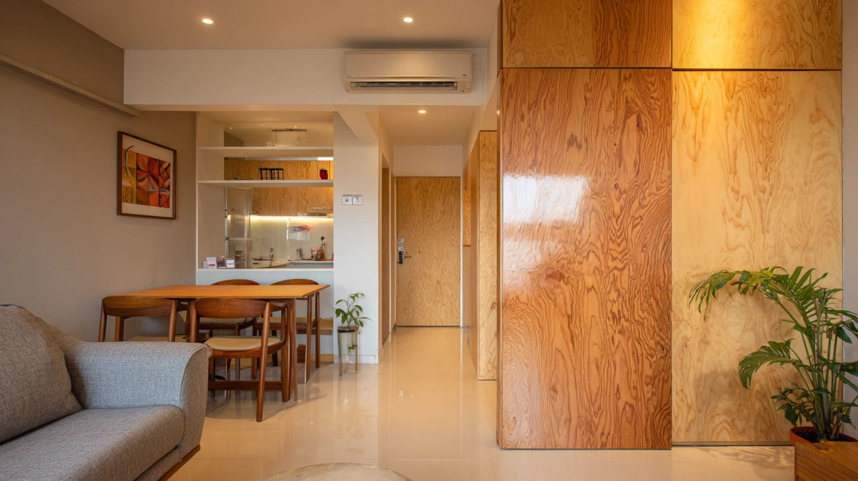 Simple painted plywood partition wall design