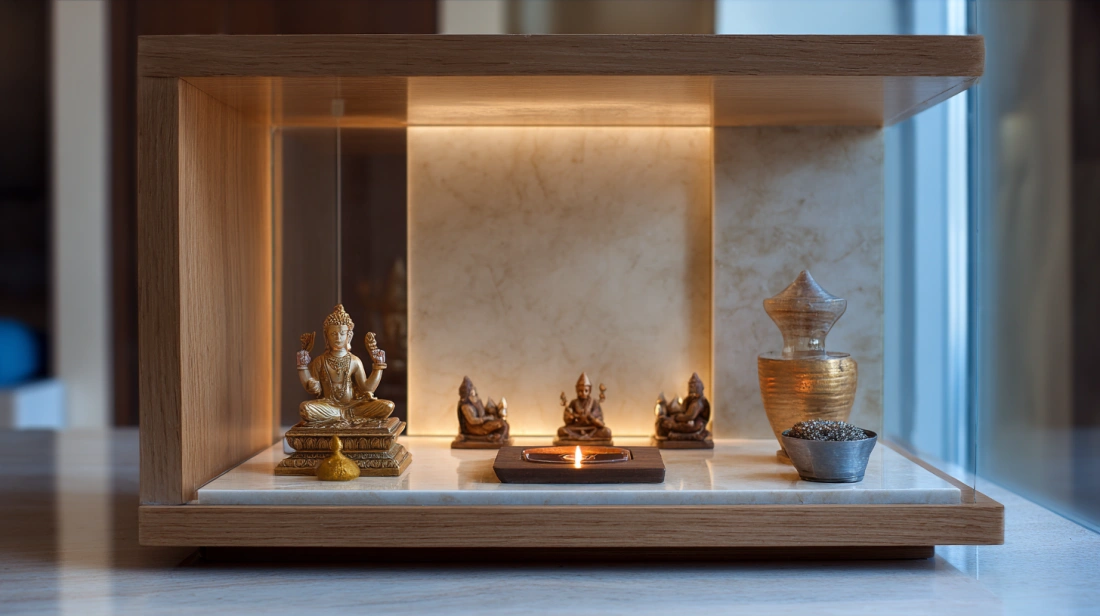 Simple plywood pooja unit with glass shelf