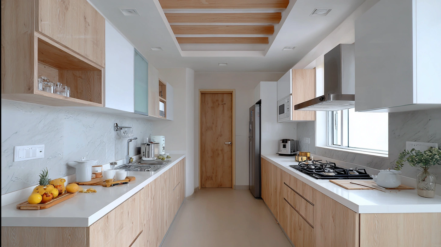 Linear grooved plaster ceiling inside a modern cooking space