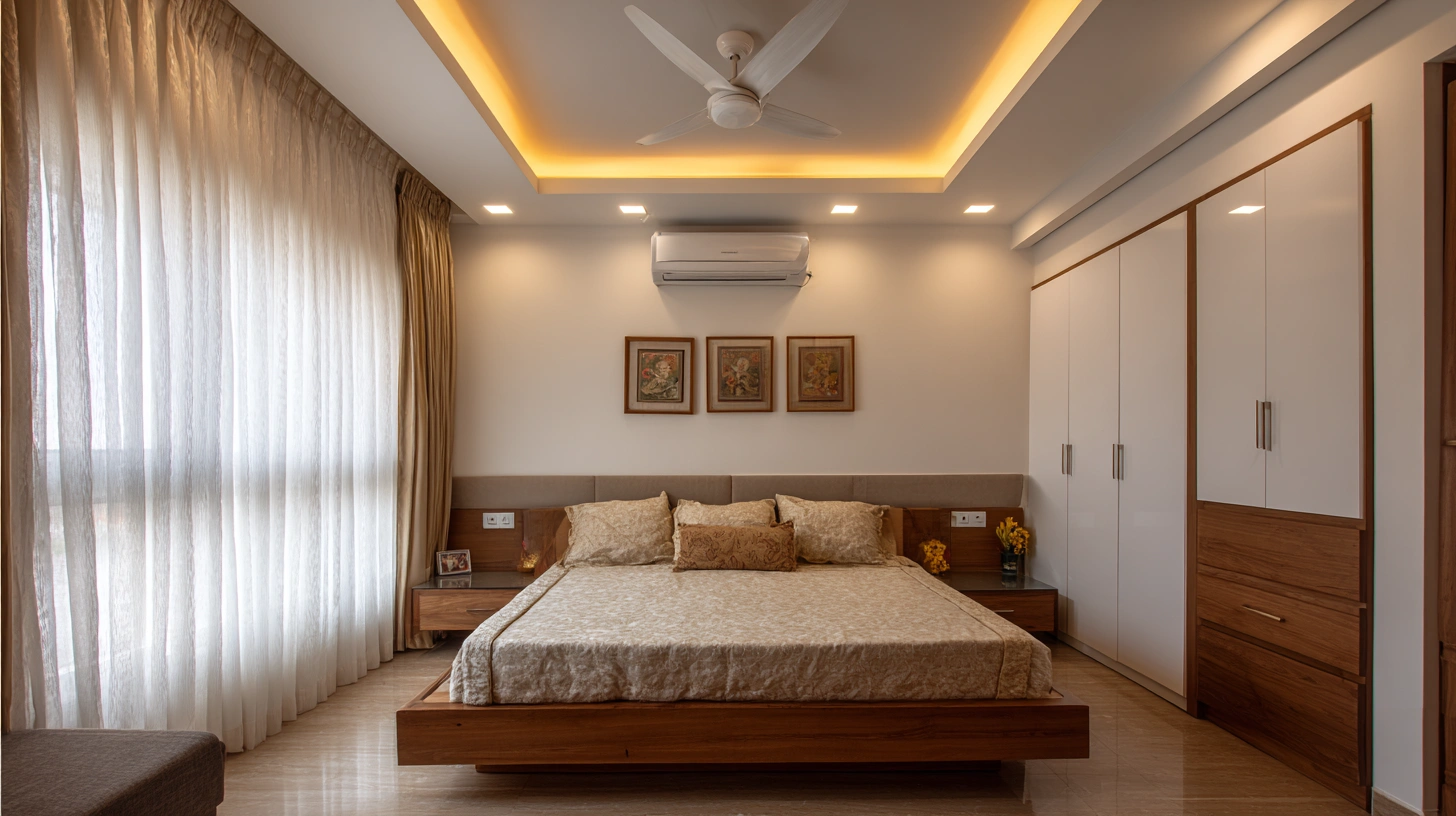 Bright bedroom interior featuring a designated ceiling fan cutout