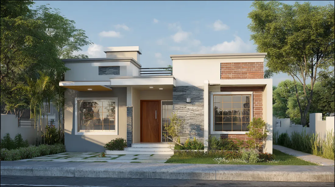 Modern one-story grey house with stone and brick wall accents