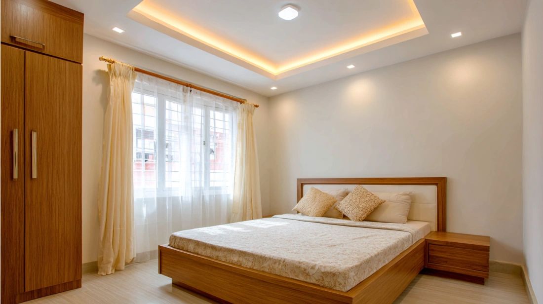 Minimalist bedroom with a simple single level tray ceiling