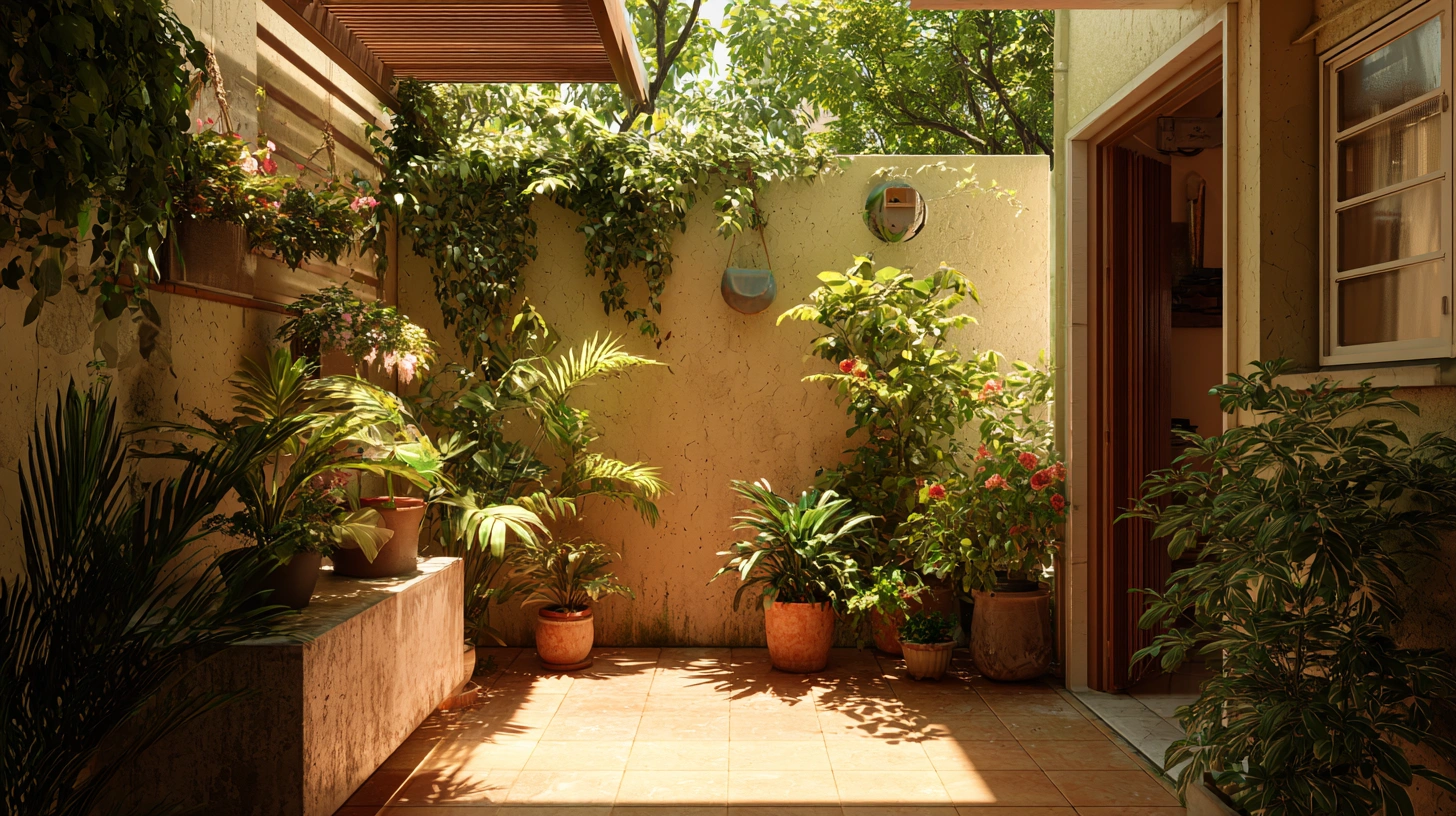 Minimalist small courtyard with basic stone paving and plants