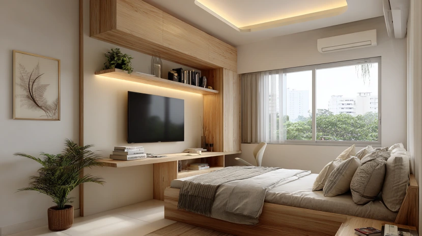 simple tv panel design for bedroom with foldable shelf unit