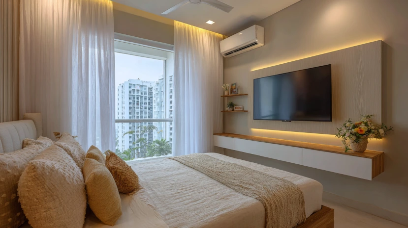 simple tv panel design for bedroom with LED strip lighting