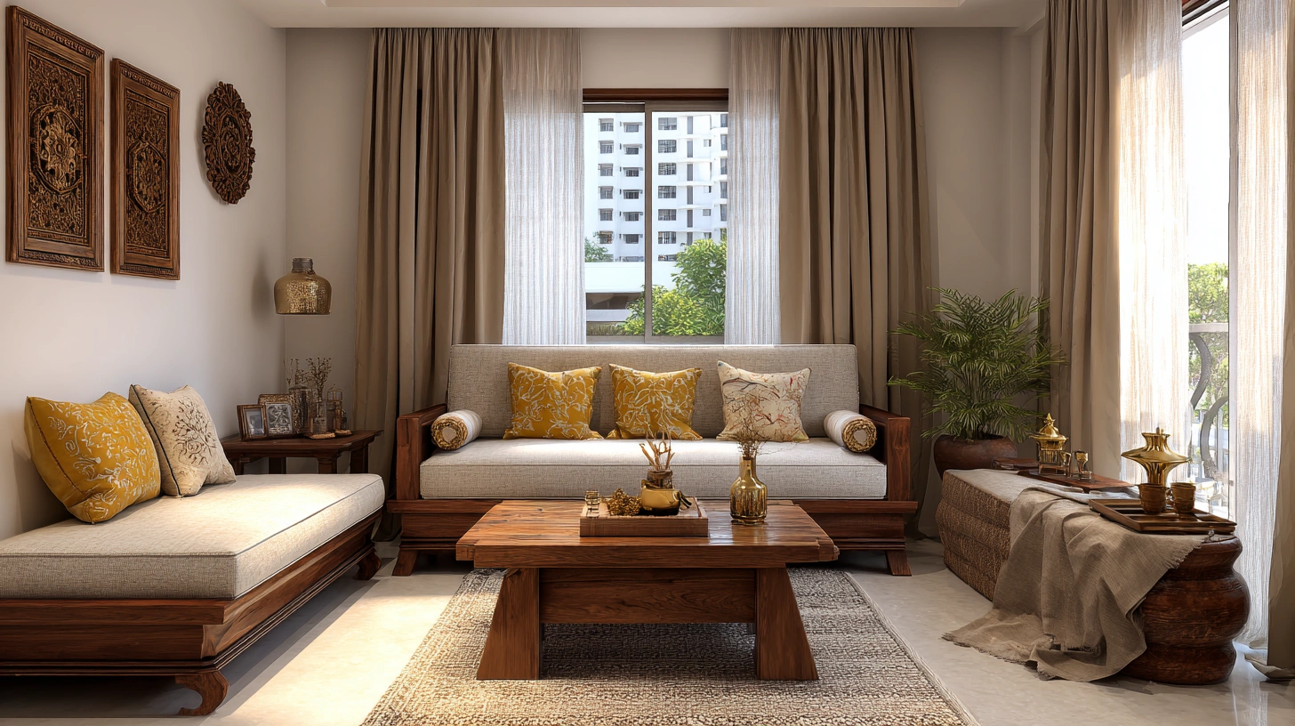Simple traditional Indian living room with wooden seating