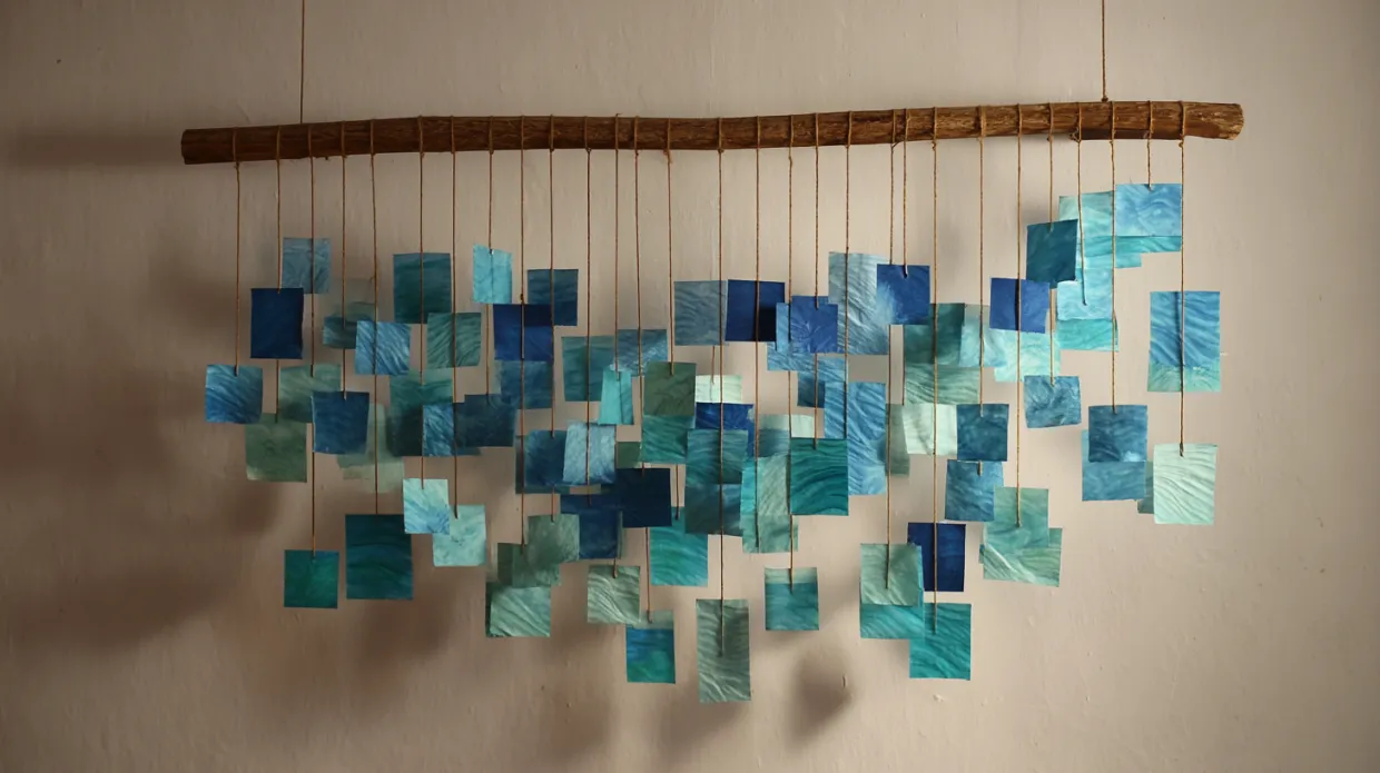 simple wall hanging made from colorful paper cutouts and string