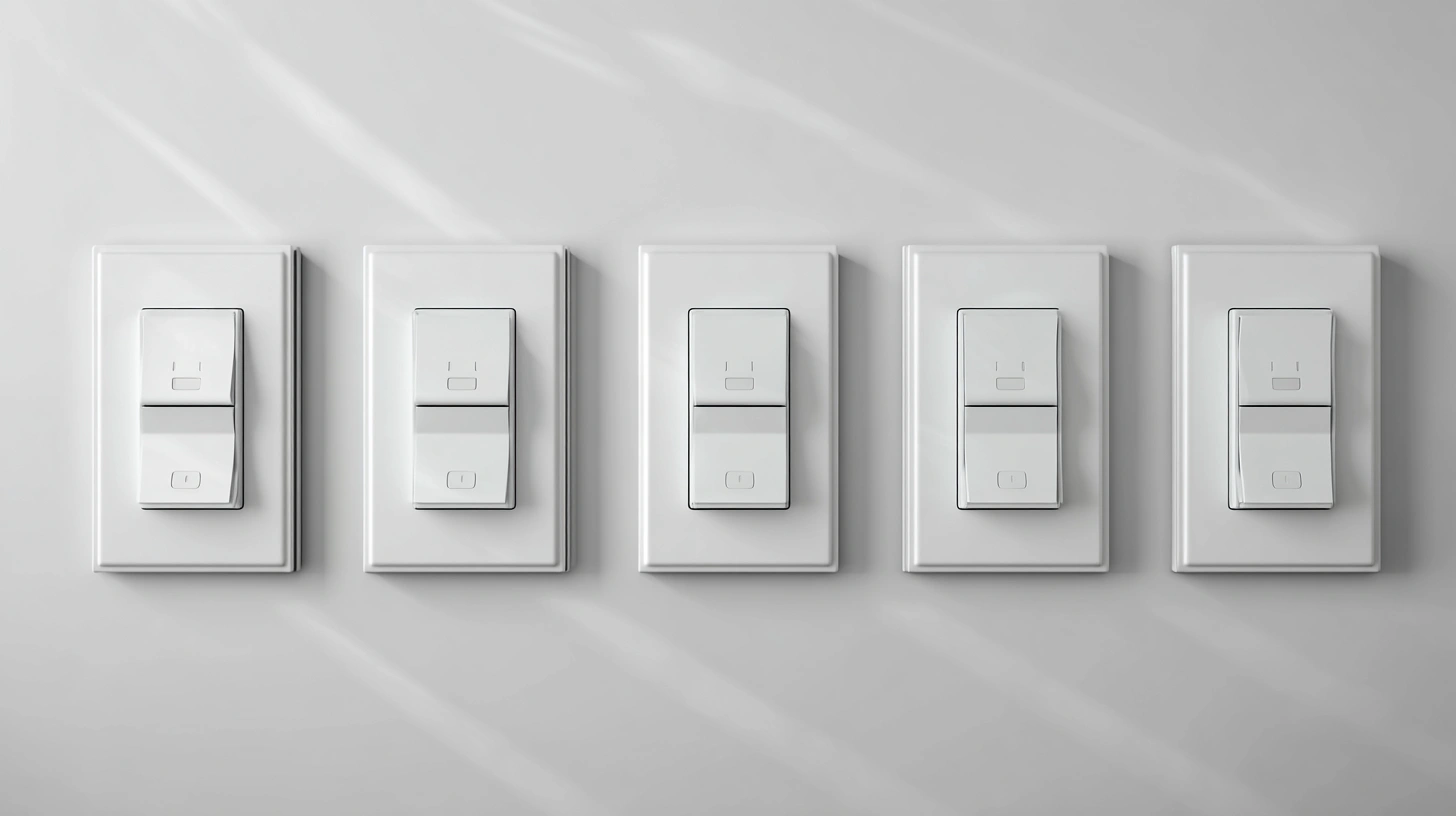 Row of minimalist white modular switches on grey wall