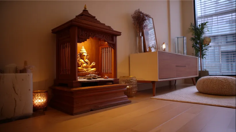 Simple wooden Indian mandir design for home