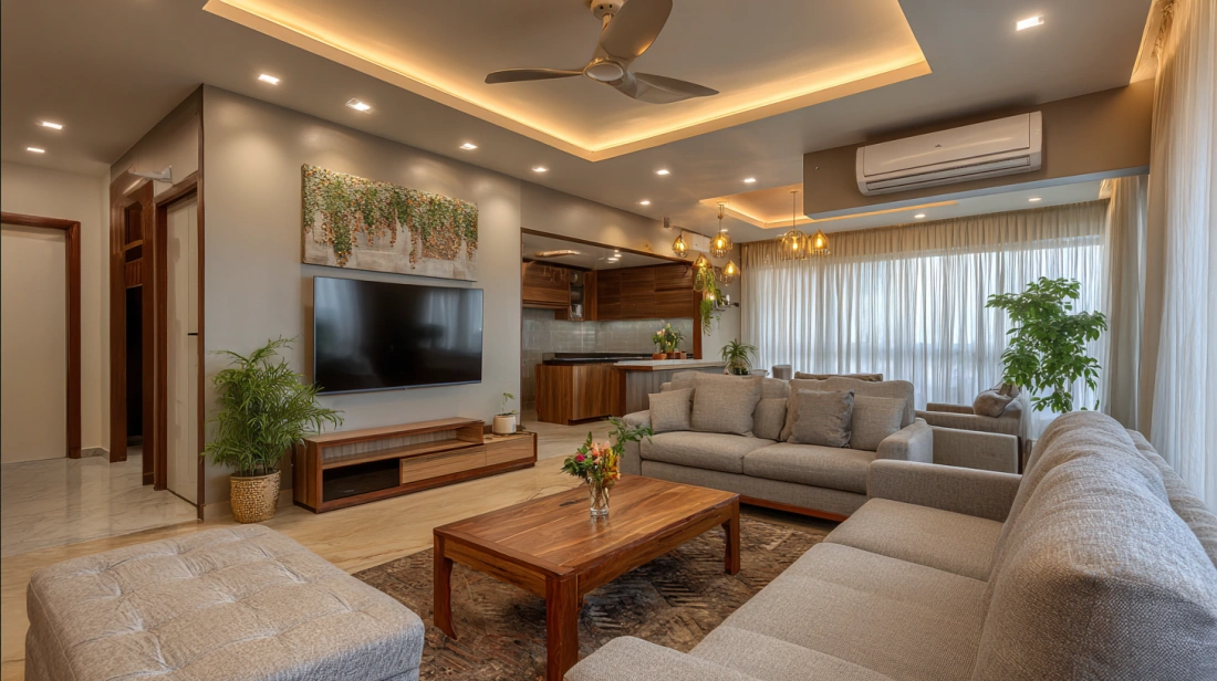 Crisp white living room with single cove island lighting