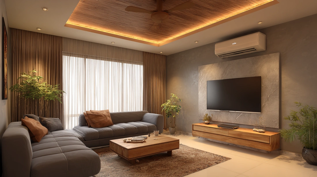 Cozy Indian living room featuring warm cove lighting