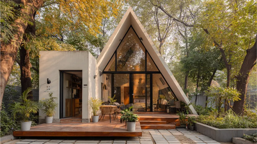 Artistic A-frame village single-floor home front design