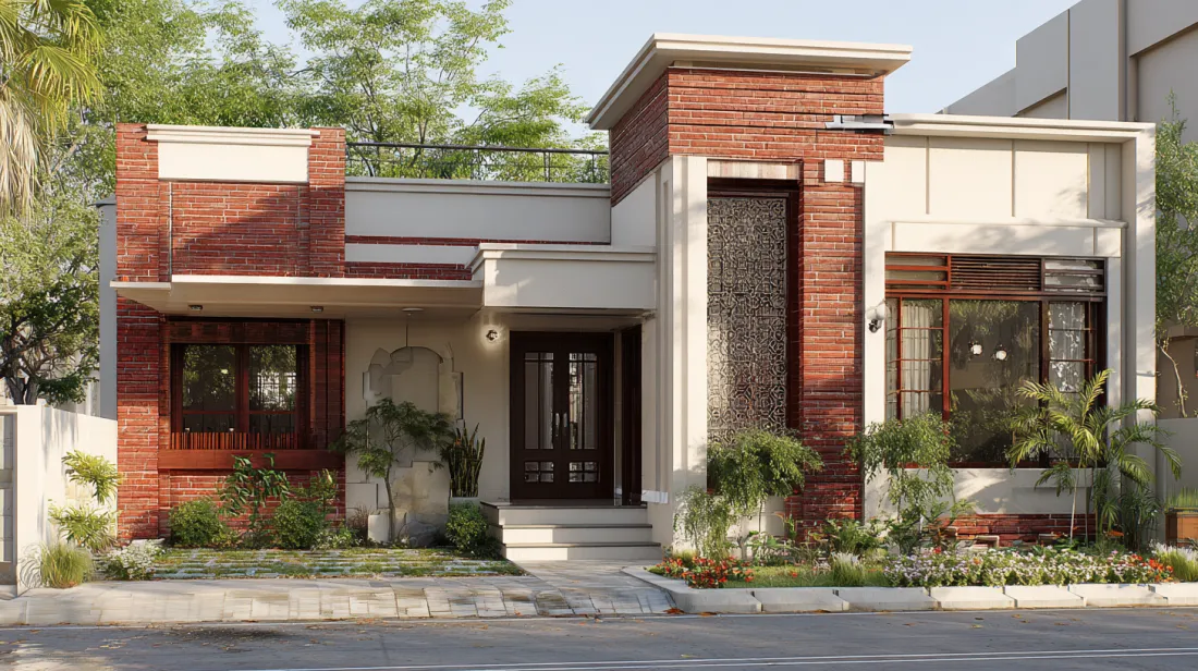 Modern one-story house with red brick pillars and a small tower