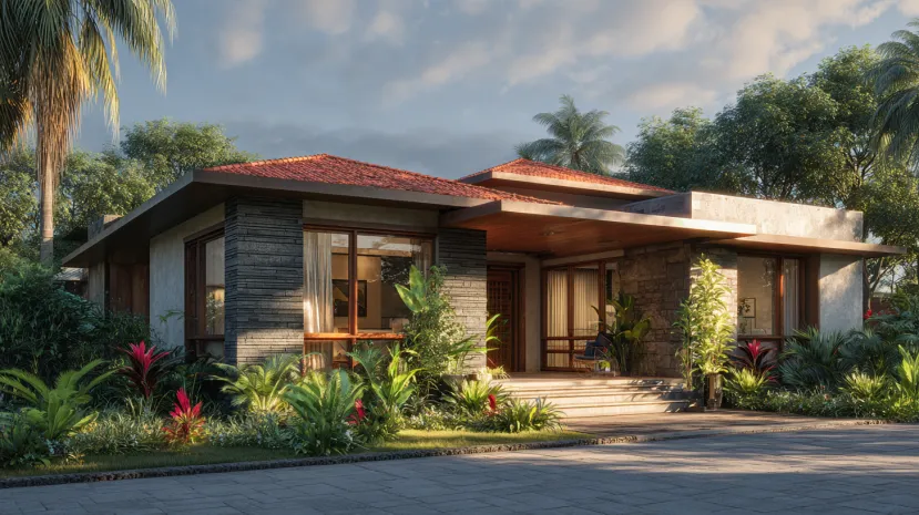Single-story tropical home with flat roof and lush garden path
