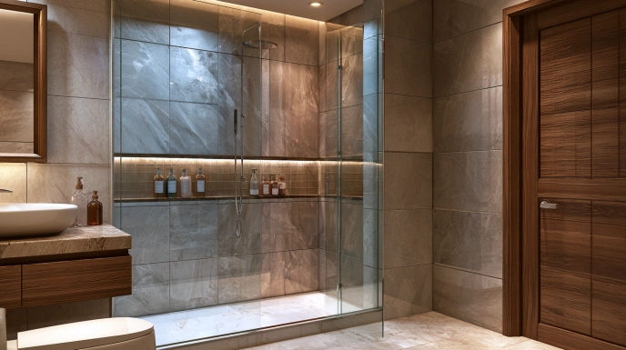 Horizontal shower niche in a tiled bathroom wall