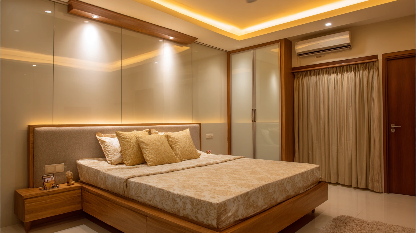 Bright beautiful bedroom featuring glowing single tray outlines