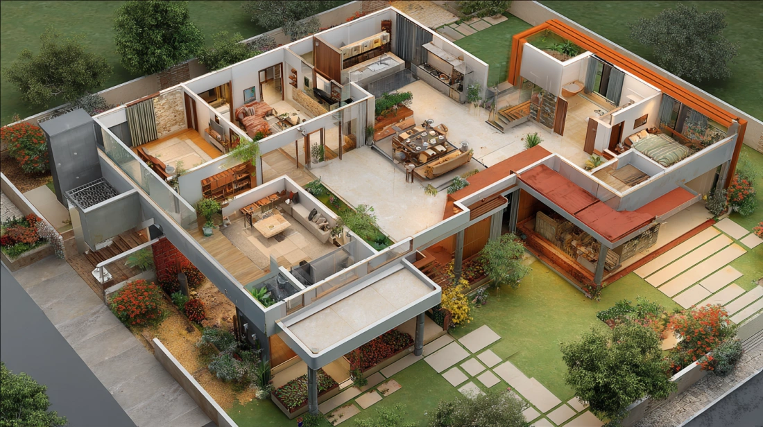Sprawling ground floor house with multiple distinct rooflines