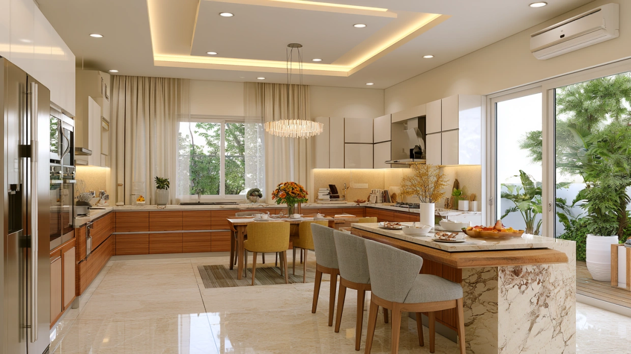 Tray ceiling above dining area