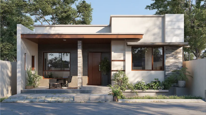 Modern single-story bungalow with a flat roof and stone accents