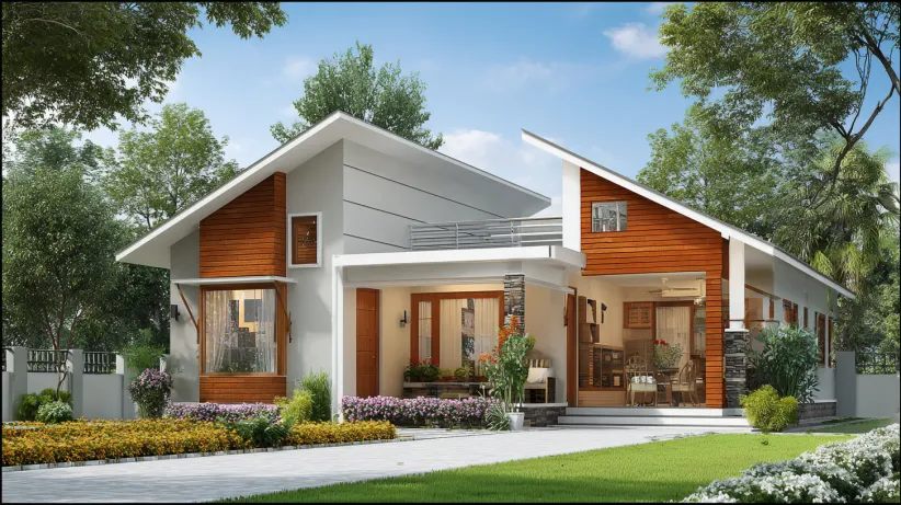 Modern single storey 20 lakh house design with slanted roof